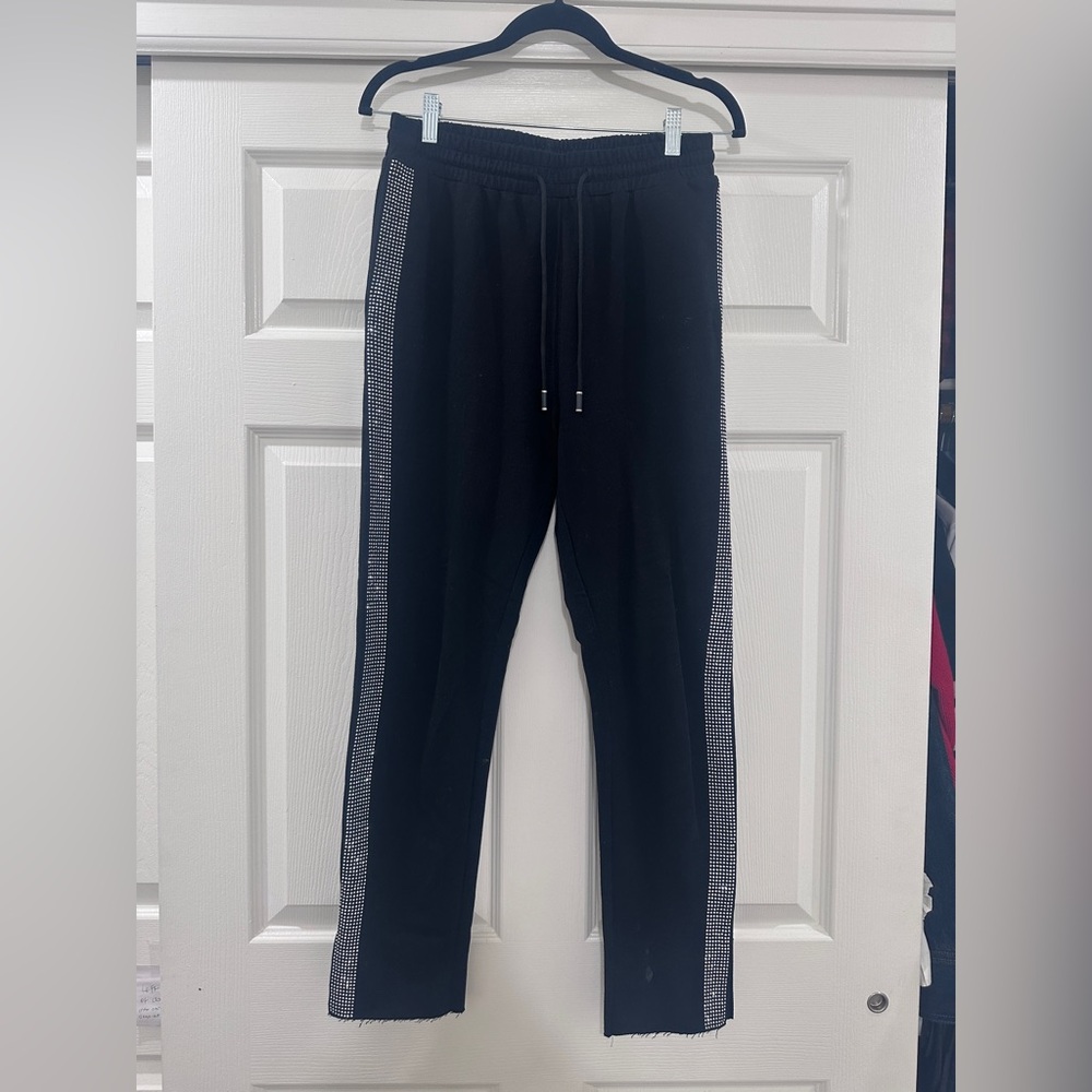 Black Jogger Pants with Side Rhinestones Stripes